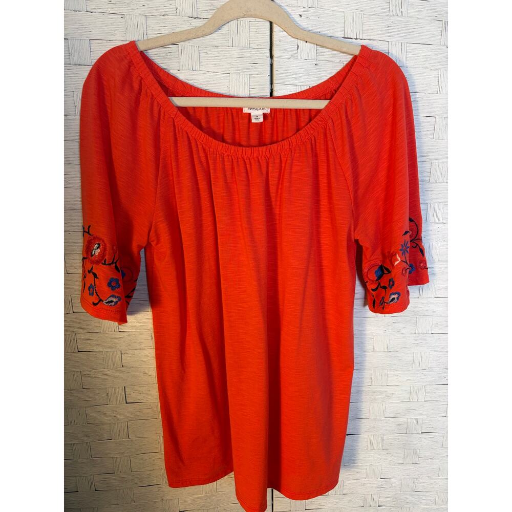 Westport women's peasant top embroidered orange Bohemian hippie Aztec